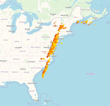 Lightning strikes along the Eastern United States near 4:00 AM on April 15, 2019.